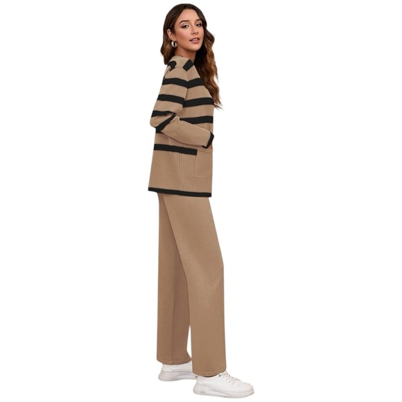 Viottiset Tan & Black Striped Lounge 2 Piece Set XL Button Top & Wide Leg Pants - Picture 3 of 10